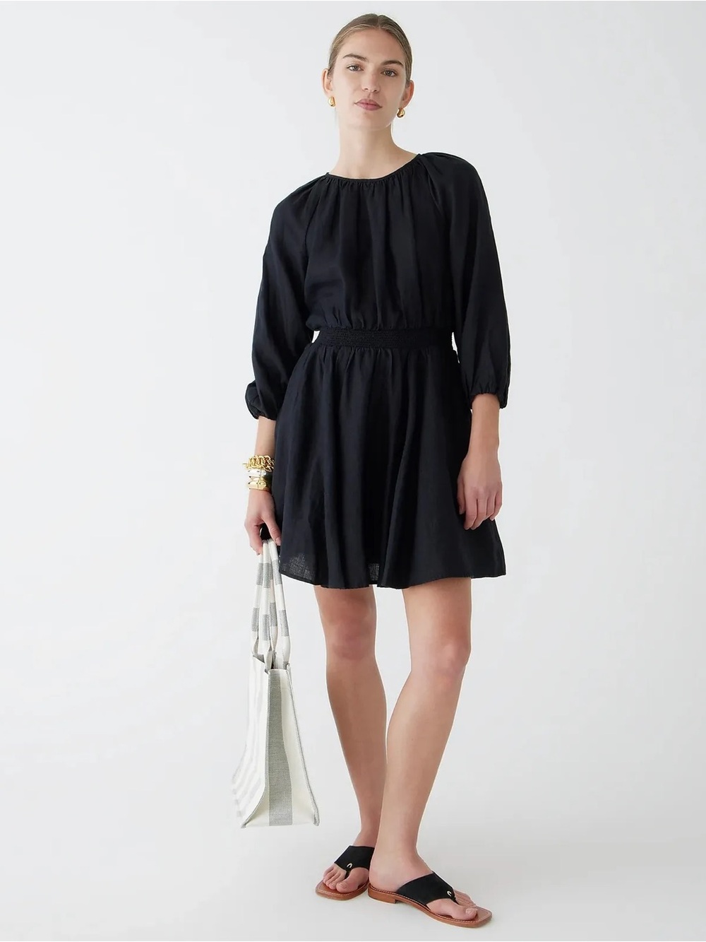 NWT. J. Crew Palermo Smocked-Waist Mini Dress Linen in Black